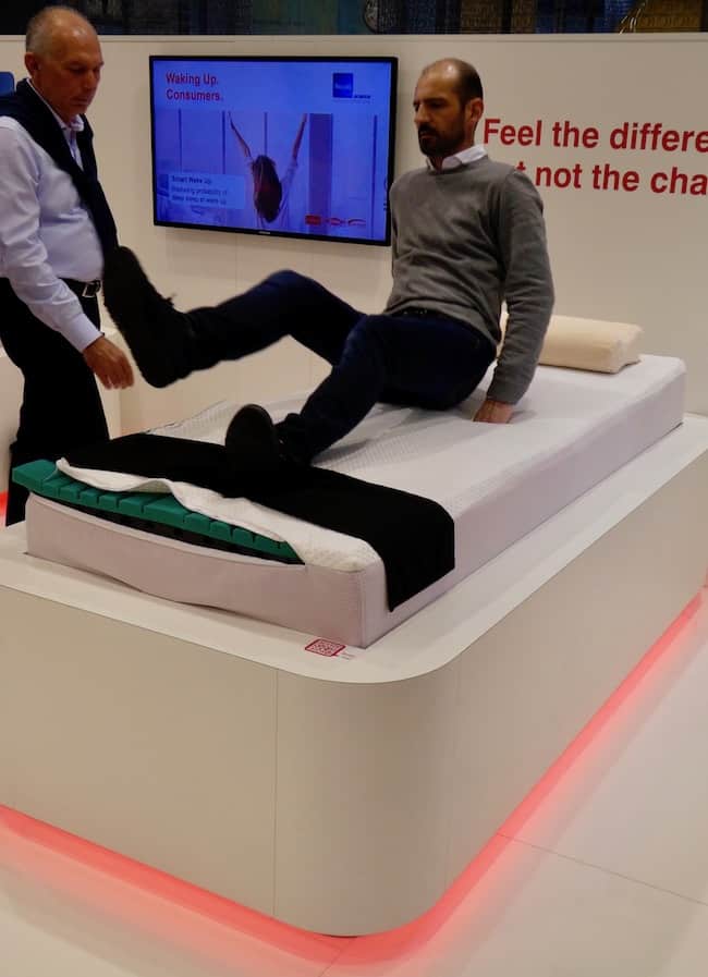 A visitor to the FoamPartner stand was feeling the future of sleep, according to FoamPartner, which presented a “thermodynamic” mattress with adjustable comfort controlled by a smartphone app. The bed was developed in partnership with Dow ComfortScience and Variowell Development GmbH.