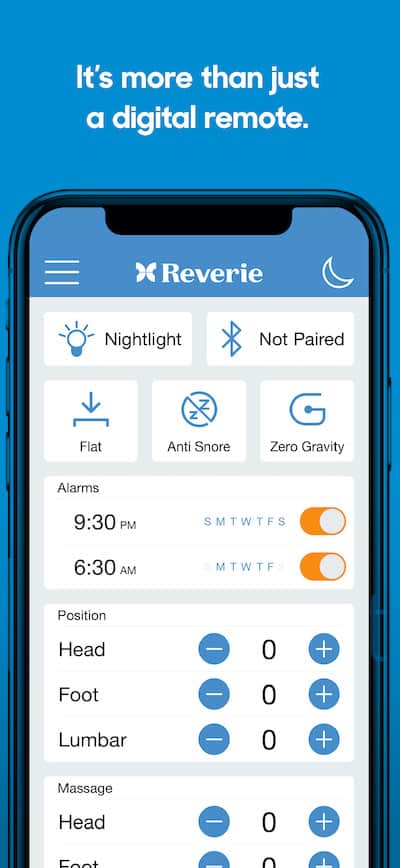 Reverie offers two ways for people to operate their bases without remote controls. The Reverie Nightstand app allows control via smartphones, and the company recently rolled out Reverie Connect, a voice-activation technology. 
