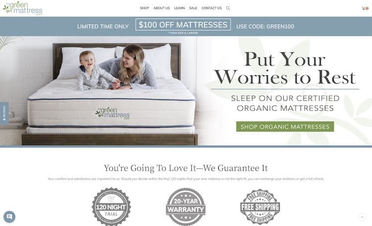 my green mattress factory direct website homepage