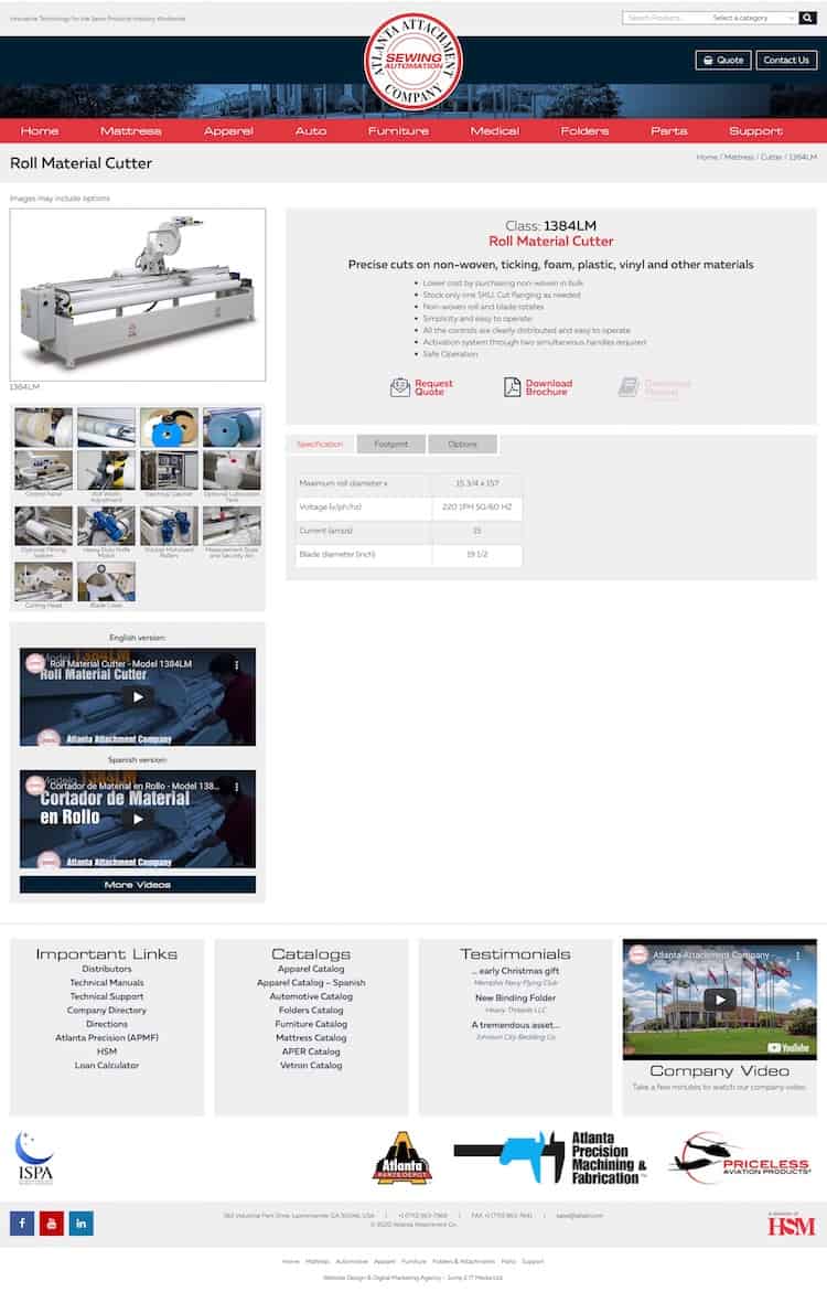 The product page for Atlanta Attachment’s Roll Material Cutter now includes detailed videos in English and Spanish, plenty of still photography, downloadable brochures, operator manuals and more.  