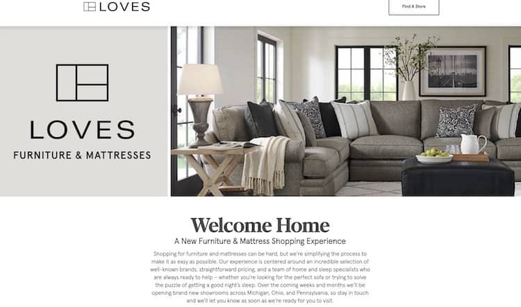 The new Loves Furniture & Mattresses website announces the new retailer's opening.