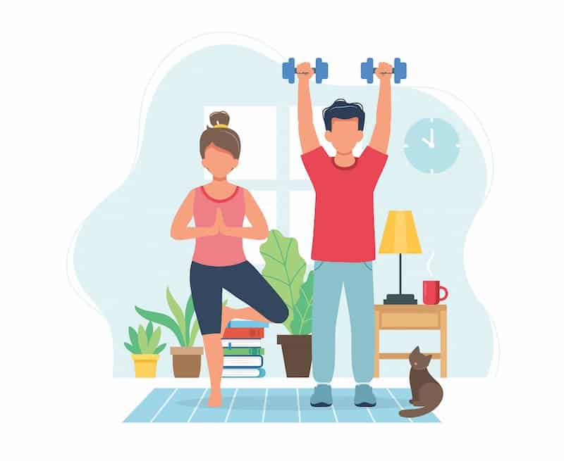 Stay home concept. People doing exercise in cozy modern interior. 