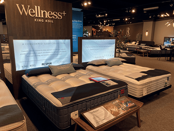 Sustainable Mattress Design. King Koil introduced its Wellness+ retail concept at the summer Las Vegas Market. Wellness+ comprises three collections: Natural, with natural Talalay latex, cotton and Joma Wool; ReSpun, covered in Everjean post-consumer recycled denim; and PureBliss, its latex offering.