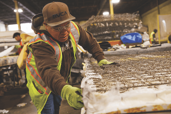  In the United States, the initial stage of mattress dismantling (or “decasing”) is done manually by workers such as these at a recycling facility in Willimantic, Connecticut, owned by Casella Waste Systems Inc.