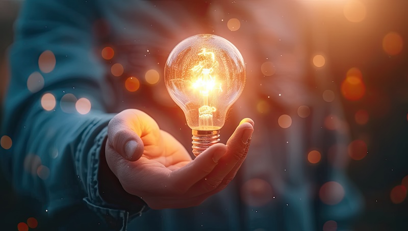 Seeing is Believing Insights. Business world. Highlights person possibly businessman or entrepreneur holding light bulb symbolizing birth of an idea or solution