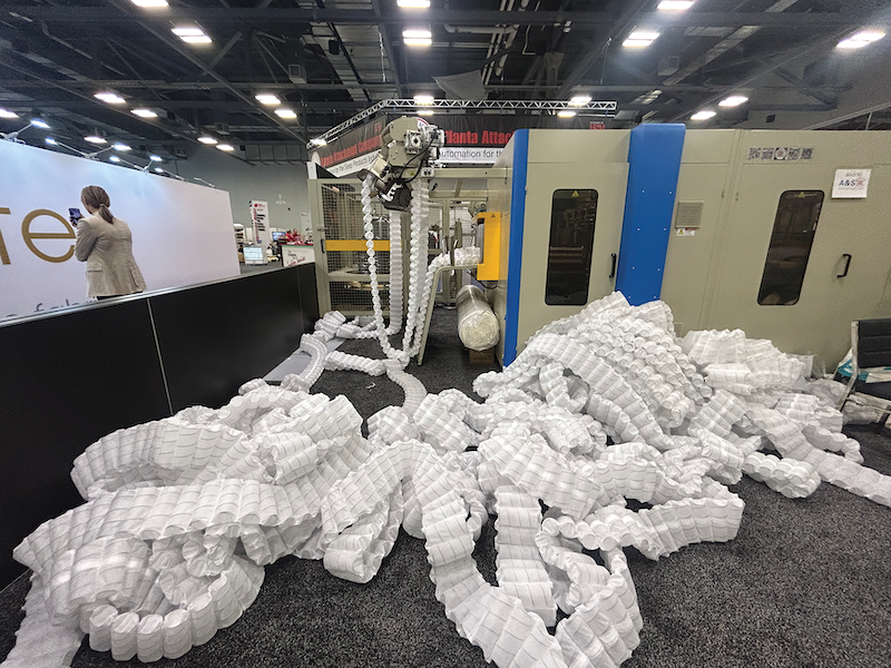 ISPA Innovation: Automation & Sustainability. Future Coil, the North American distributor of Guangzhou, China-based LianRou Machinery, showcased several machines including its high spring compression coiler (LR-PS-UMD) which fed into its glueless assembler machine (LR-PSA-GLL). 