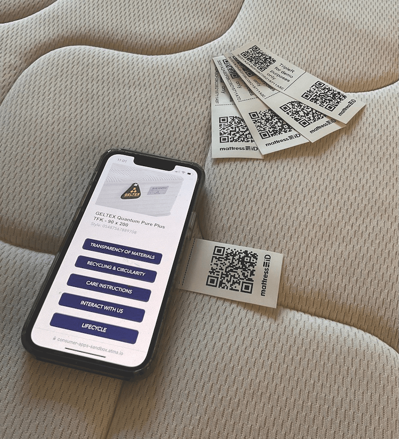 Mattress ID features an RFID chip on one end that is stitched into a mattress to prevent removal. A QR code on the other end of the tag allows customers to learn more about the product.