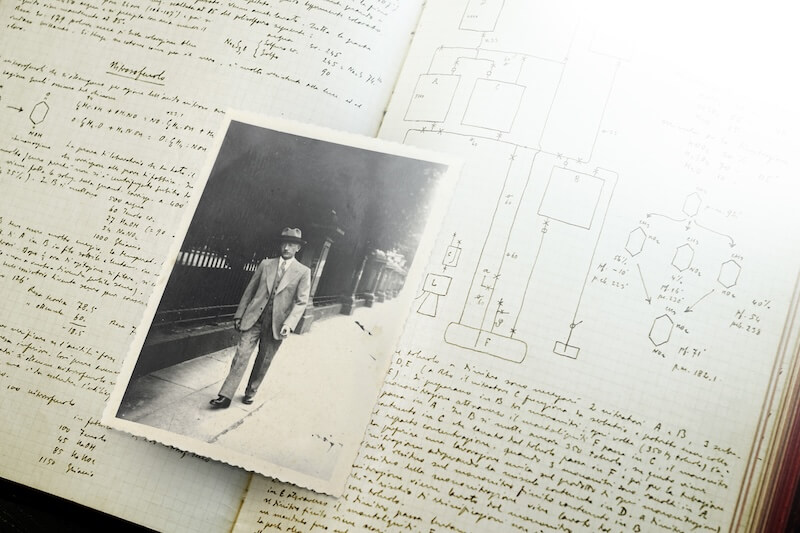 Savaré Celebrates Its Centennial. A photo of company founder Biagio Savaré Sr. sits on the pages of one of his chemistry notebooks. 