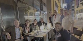 Englander Convenes International Licensee Meeting at Interzum Cologne 2025 Englander President and CEO Lou Paige (far left) hosts a candlelit dinner on the streets of Cologne for the company’s officials and international licensees.