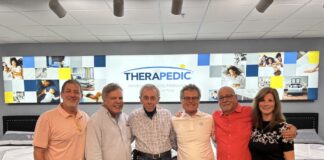 Therapedic Honors Steve Hoots For 47 Years of Service Darren Sodikoff, The Bedding Group; Gerry Borreggine, Therapedic; Frank DeAngelis, Total Furniture (Kenosha, Wisc.); Steve Hoots and Jeffrey Sherman, both of The Bedding Group; and Susan Mathes, Therapedic.