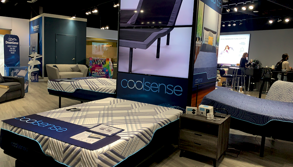 Bedding Showroom Design. Customatic Sleep Technologies employed a spoke layout at its Las Vegas showroom in January to add a sense of movement and create a focal point in the space. 