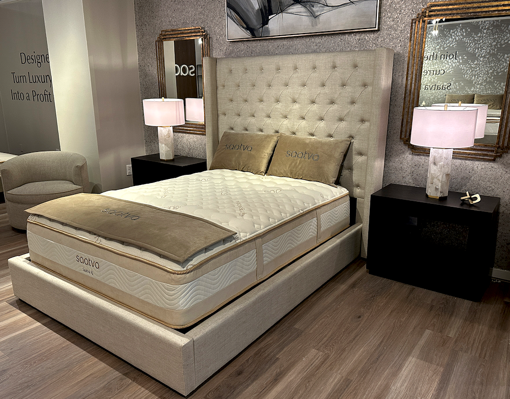 New York-based Saatva positions itself as a luxury direct-to-consumer brand and this display at its showroom in High Point in April exudes that luxe.