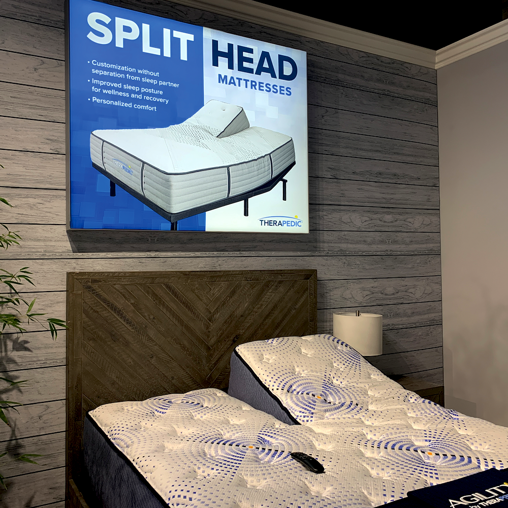 Bedding Showroom Design. Therapedic International used short, clear taglines and crisp, readable fonts on the walls of its Las Vegas showroom in January to market to visitors and draw attention to products.