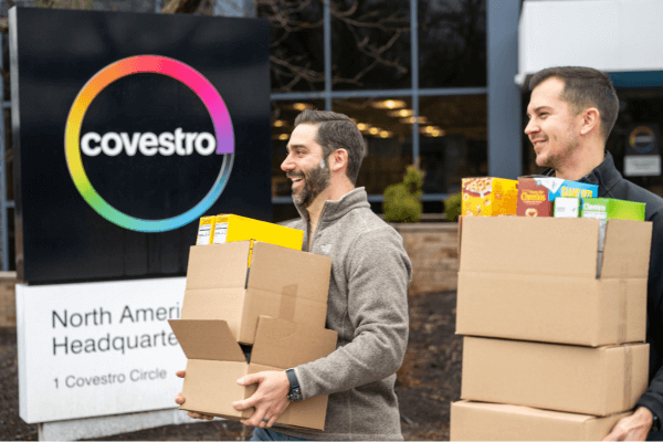 Covestro employees collect food donations at the North American headquarters to support local families in need