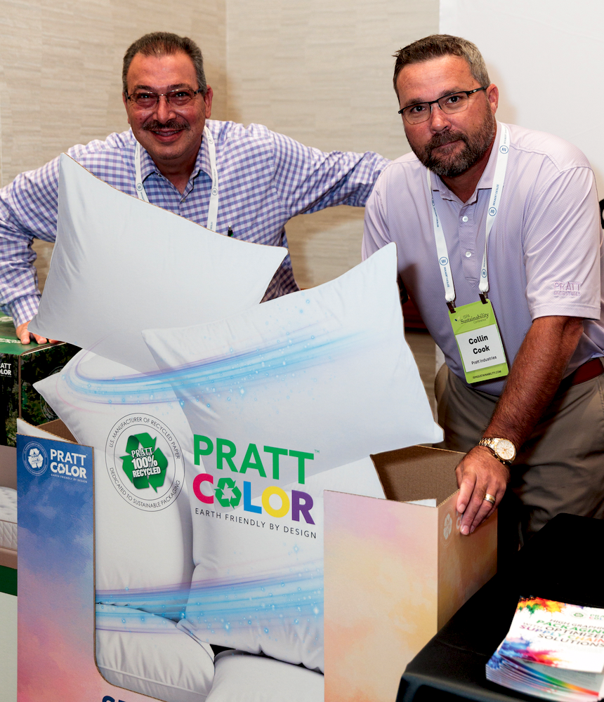 Mattress Circular Economy: ISPA Sustainability Conference. From left, Pete Patti and Collin Cook
showcase products from Pratt Industries, a recycled packaging manufacturer.