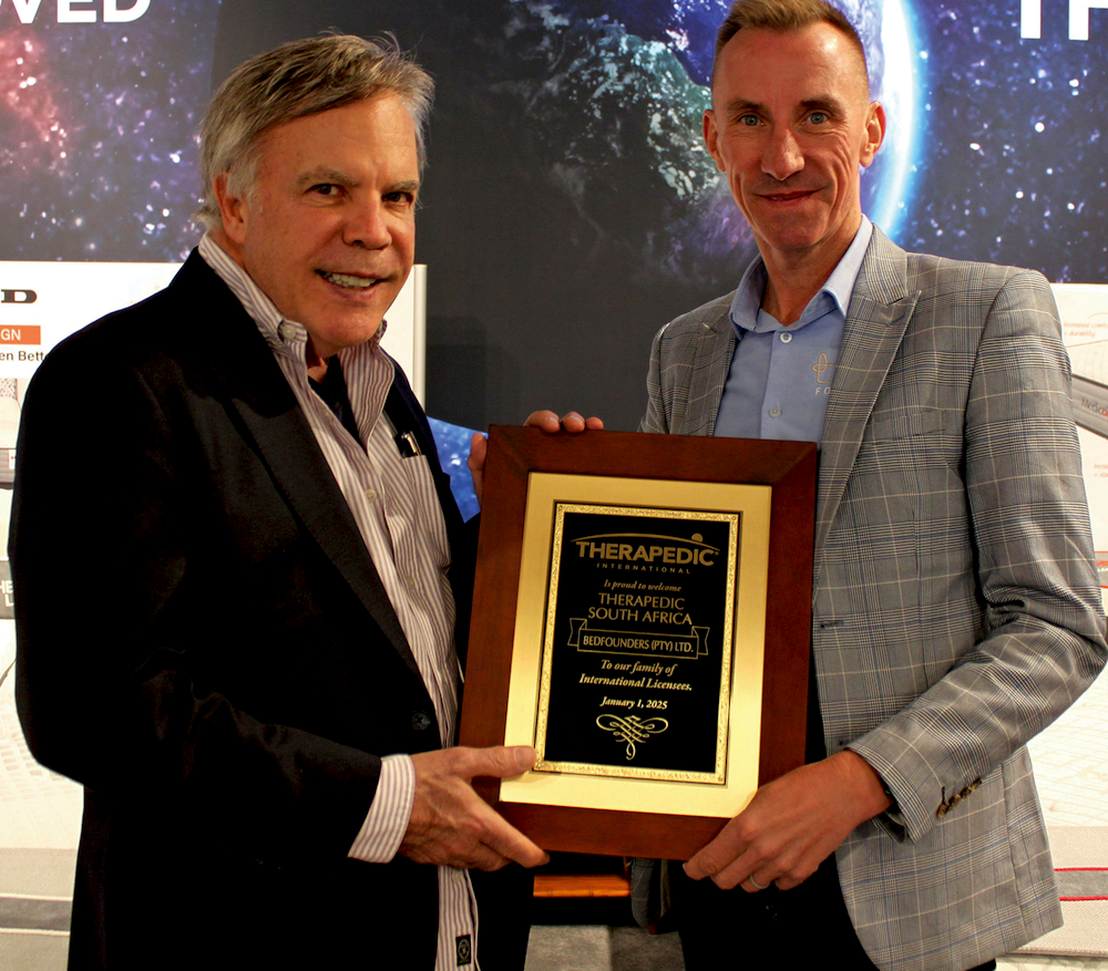 Gerry Borreggine, president and CEO of Therapedic International, welcomes Johann de Meyer, managing director of BedFounders, to the Therapedic family.