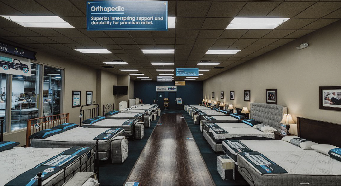 Each store is slightly different in terms of size and layout, but they all showcase 18 different Original Mattress Factory mattress models.