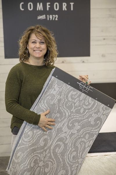 Tara Bulla holding Culp mattress fabric Millennial collection