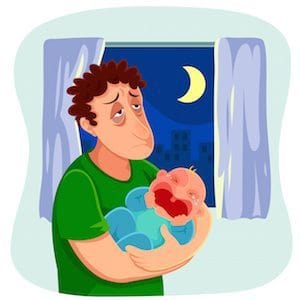 disrupted sleep man holding crying baby