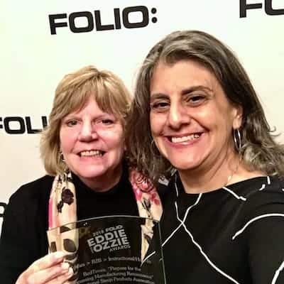 BedTimes' Mary Best and Barbara Nelles pose with the publication's Eddie award on the Folio: Awards red carpet.