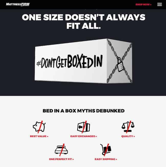 Mattress Firm Don't Get Boxed In website homepage