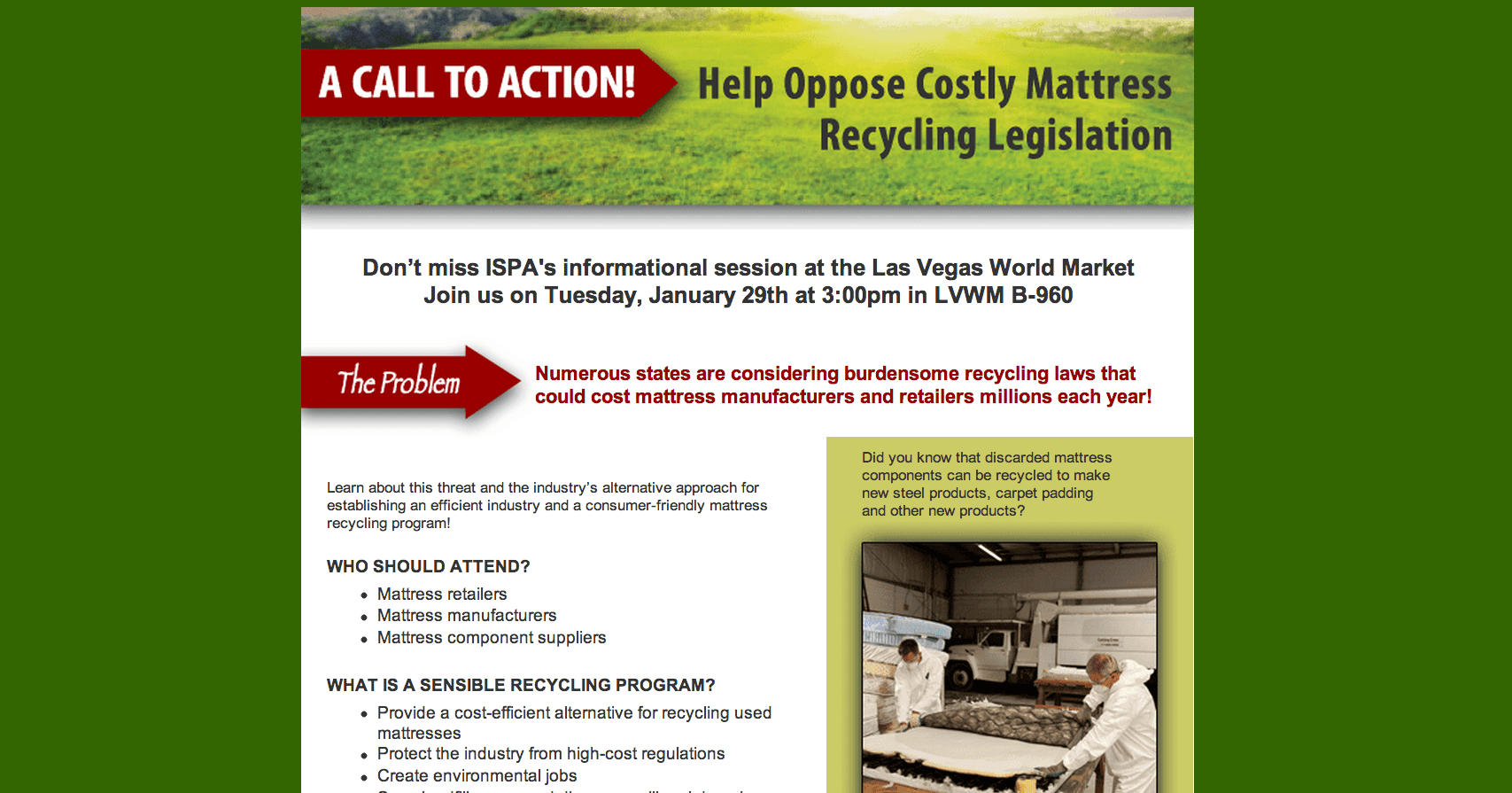 Mustattend information session on mattress recycling legislation at Las Vegas Market » BedTimes