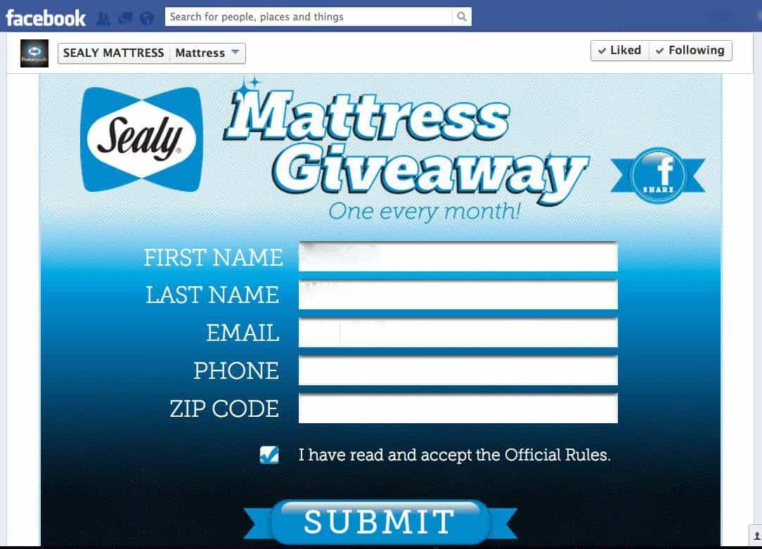 Sealy Facebook page Mattress Giveaway