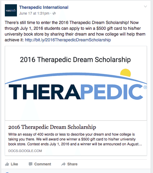 Therapedic Dream Scholarship Facebook posting 
