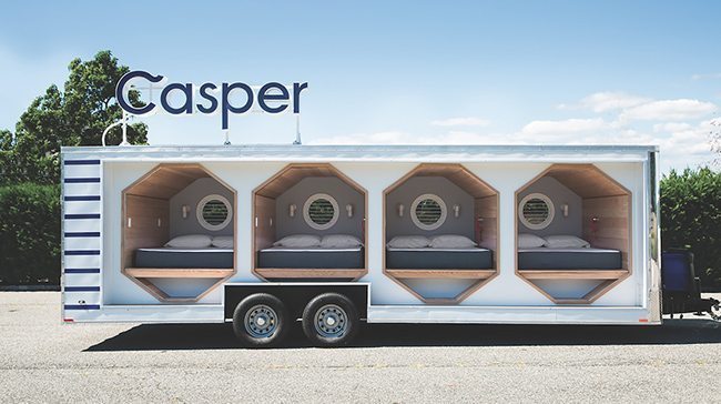 This summer, Casper’s Napmobile is visiting 15 cities in the United States and Canada. Equipped with four sleeping pods, it gives consumers the chance to experience the New York-based company’s mattress, sheets and pillow. 